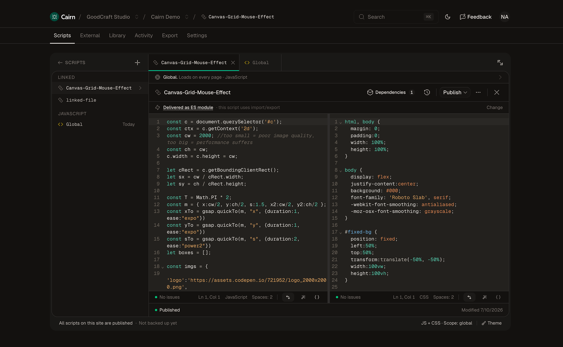 Cairn script webflow script editor preview
